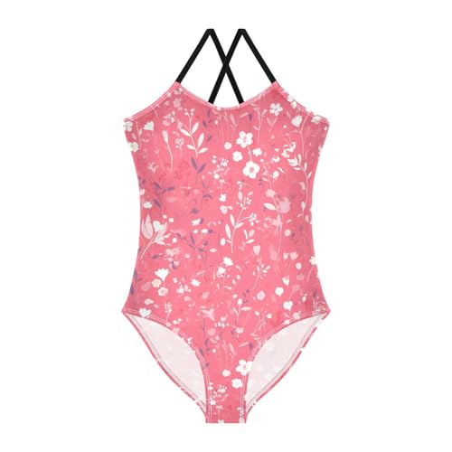 KLL Flowers Pink Background Fashion Swimsuit for Girls, 1 Piece Swimming Suits with Adjustable Straps Cute Summer 4T