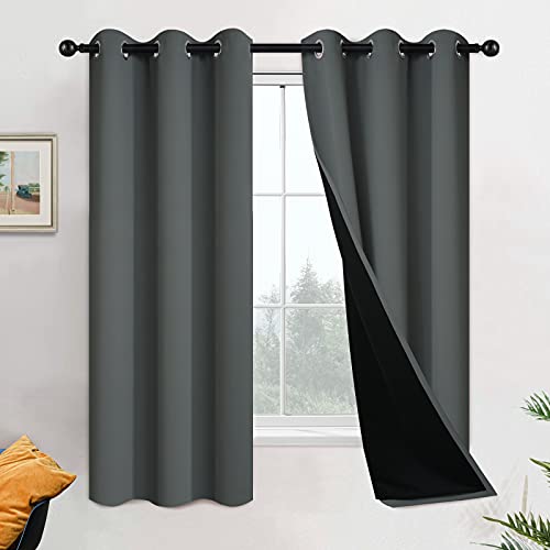 Image of Yakamok 63 Inch Length 100% Blackout Curtains for Bedroom, 2 Thick Layers Thermal Insulated Grommet Total Blackout Drapes with Black Liner for Living Room (42Wx63L,Dark Grey, 2 Panels) | Blackout Curtain Panels for Bedroom, 2 Thick Layers Grommet Top Thermal Insulated Drapes with Black Liner for Living Room
