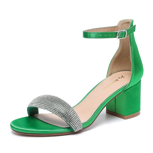Amoji Women's 2.5 Inch Low Heel Ankle Strap Dressy Sandals 301 7.5 Rhinestonegreen
