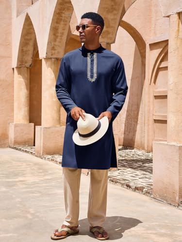 Yousify Mens Kaftan Thobe Casual Henley Shirts Button up Long Sleeve Robe Muslim Gown Shirt2