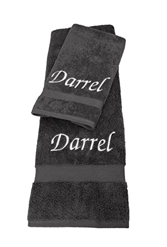 Liberty21 Monogrammed Personalized Bath & Hand Towel Set. Custom Embroidered Towels. Set Includes 1 Bath Towel And 1 Hand Towel. (Dark Gray) #TOP1