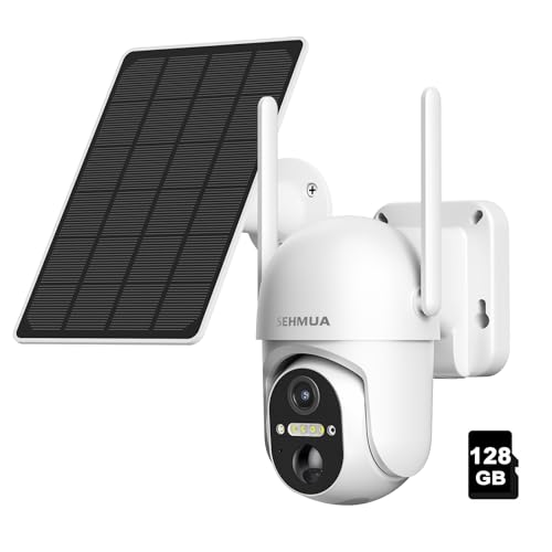 Image of SEHMUA Solar Security Cameras Wireless Outdoor, 2K 360 View Battery Powered Outdoor Camera, WiFi Home Security with Spotlight Color Night Vision, PIR Sensor, 128GB Memory Card Included, White