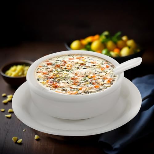 Image of Ariya Melamine Soup Bowl Set of 24 with Spoon & Saucer (White, 350 ml) | Microwave & Dishwasher Safe | Serving Bowls for Soup, Noodles, Cereal, Pasta & Oatmeal | Durable, Stain-Free Serving Bowls Sets