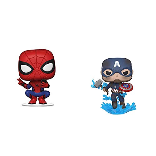 Funko Pop! Marvel: Spider-Man Far from Home - Spider-Man Hero Suit & Pop! Marvel: Avengers Endgame - Captain America with Broken Shield & Mjoinir,Multicolor,3.75 inches