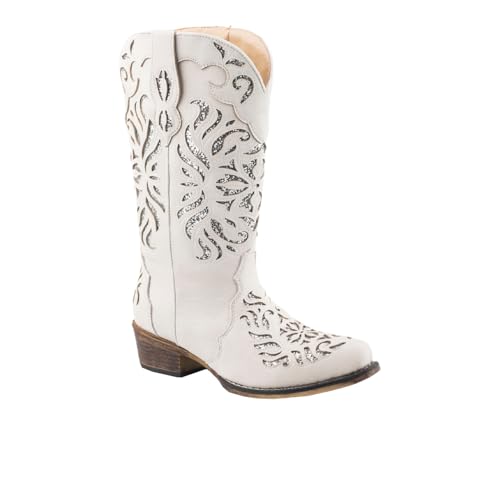 Image of ROPER Womens Riley Glitz Glitter Underlay Snip Toe Casual Boots Mid Calf Low Heel 1-2 inch - Off White