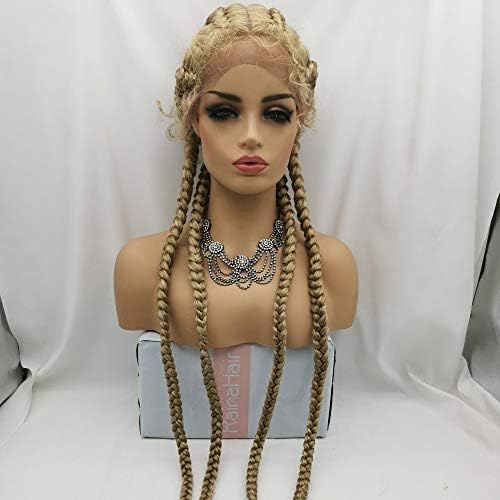 RainaHair 30‘’ All Middle Part Synthetic Braided Lace Front Wig Blonde 4x Twist Braids Wig with Baby Hair Heat Resistant Fiber Wig for Drag Queen