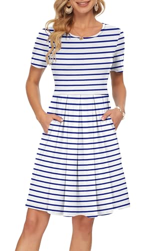 AUSELILY Women's Short Sleeve Summer Dress Pleated Loose Swing Knee Length Dresses with Pockets 2025 New Blue Stripe White XL
