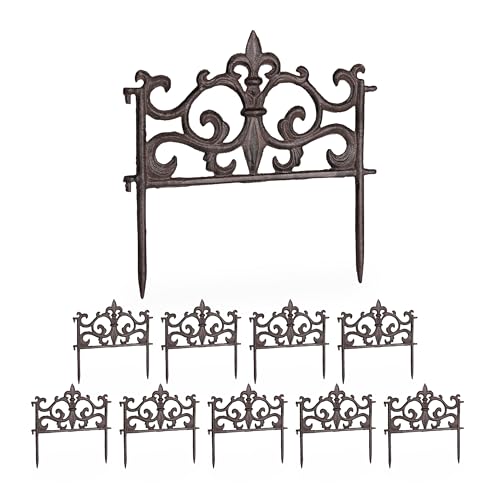 Relaxdays Beetzaun, 10er Set, Gusseisen, HxB: 27 x 27 cm, Vintage Design, Beetumrandung zum Stecken, Zierzaun, braun