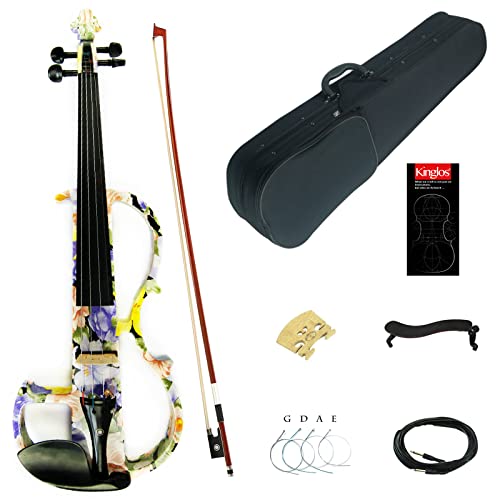 Image of Kinglos. Visual-Art Advanced Electric Violin 4 /4 Full Size Ebony Fittings | Kit Incl. Case Bow Shoulder Rest Aux Cable Spare Bridge Strings - Solid Wood Purple Silent Violin Set for Adults Beginner