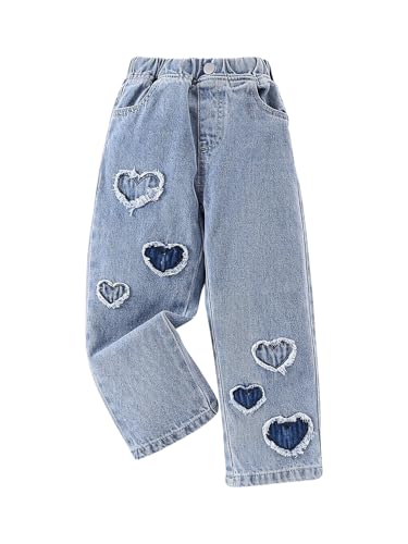 Milumia Girl's Heart Pattern Elastic Waisted Denim Pants Straight Leg Casual Jeans