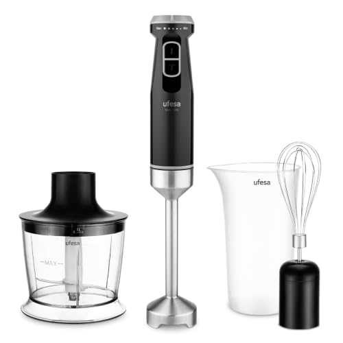 Ufesa Batidora de Mano Mars 1200W, Control Velocidad Variable, Función Turbo, 4 Cuchillas de Alta Eficacia, Acero Inoxidable, Diseño Ergonómico, Antisalpicaduras, Vaso 700ml, Picadora 500ml y Batidor