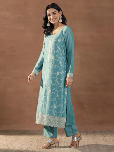 Image of Libas Embroidered Silk Blend Straight Kurta With Trouser and Dupatta