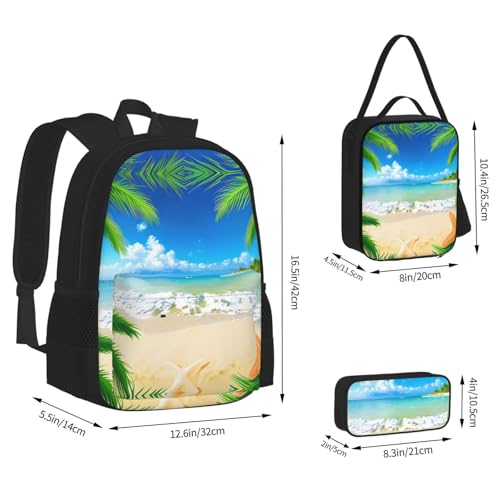 Starfish Beach Sea Palms Print 3 Piece Backpack Set, Laptop Daypack, Lightweight Bookbag Set With Lunch Bag Pencil Case3