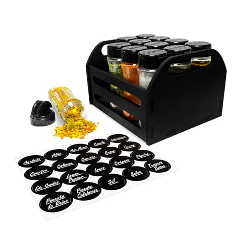 Cesta Caixote MDF com Alça + 12 Potes Tempero 130ml de Plástico para Condimentos Especiarias Temperos com Tampa Dosadora Dupla + Adesivos