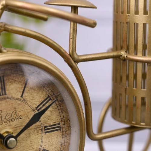 Image of Cycle Pen Stand - Golden Metal Showpiece with Clock and Pen Stand