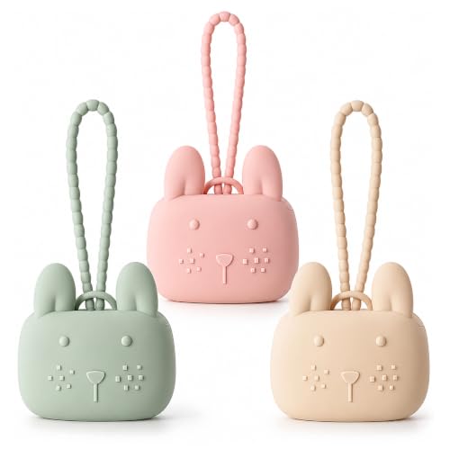 ROCCED Pacifier Holder Case Silicone Bunny Design Pacifiers Pouch with Soft Silicone Strap, Travel Storage for Stroller & Diaper Bag, Pacifier Holder Pouch for Baby, Set of 3 Beige Dusty Green Pink