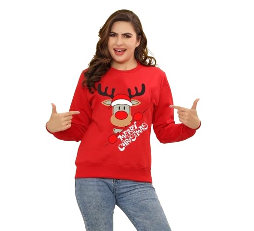 Women's Christmas Reindeer Printed Sweatshirt - Red, 2X-Large-image-2