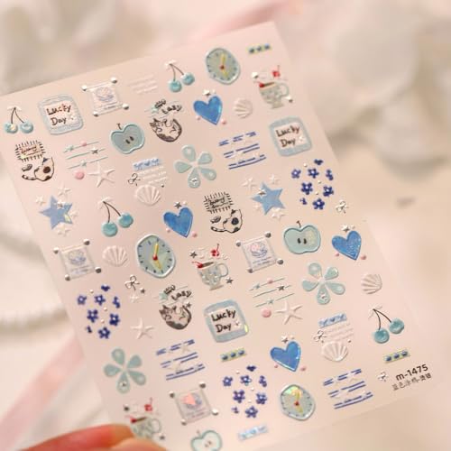 Image of Blue Nail Art Stickers Heart Clock Nail Decals Summer Nail Stickers 1Sheets | Cute Cartoon Nail Decals with Star Flower Design 5D Self Adhesive Cherry for Girls Daily Manicure Decor Accessories Supply