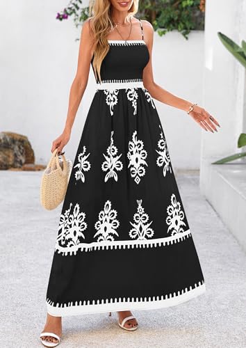 Image of PRETTYGARDEN Women's Summer Boho Maxi Dress Floral Sundresses | Spaghetti Strap, Sleeveless, Smocked Bodice, A-Line Long Flowy, Lightweight Soft, Wedding Guest Party, Beach Vacation Outfits