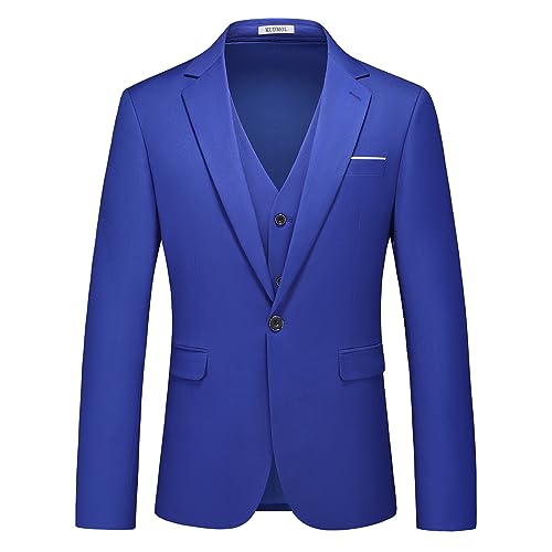 Mens Suits 3 Pieces Slim Fit One Button Solid Suit Blazers for Business Wedding Formal Prom Tuxedo Blazer Vest & Pant Set Royal Blue2