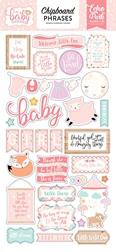 Echo Park Paper Company Hello Baby Girl - Tablero de aglomerado de 6 x 13 frases, rosa, azul, amarillo, morado, naranja