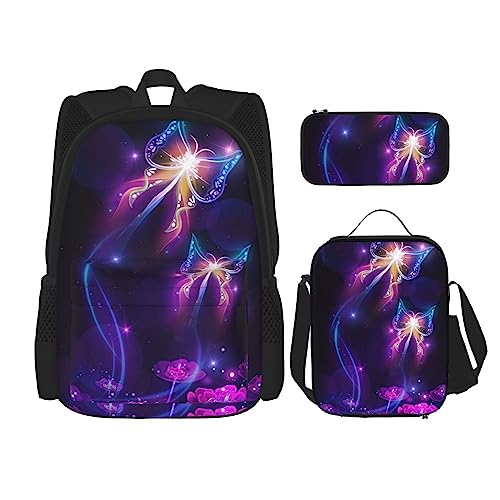 Sac à dos voyage violet et noir motif papillon avec lunchbox