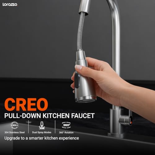 Image of Lorazzo Creo Pull-Down Kitchen Faucet SS304 | Kitchen Sink Tap Faucet - Hot and Cold with 360 Swivel, Dual Spray Modes | Deck Mount Kitchen Tap for Home Sink | 10-Year Lorazzo Limited Warranty