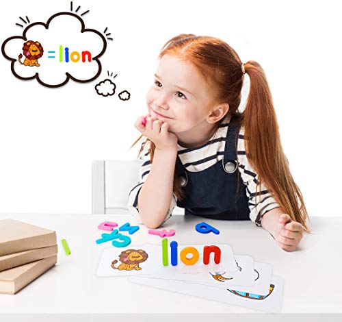 BMAG Wooden Educational Alphabet Matching Letter Puzzle Games, Seeing and Spelling Skills ABC Flash Cards, Montessori Reading Blocks Developmental Toys for Toddlers Boys Girls Age 3 4 5 6 7 Years
