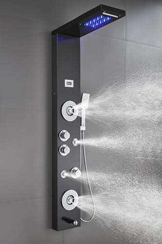 Image of ELLO&ALLO Stainless Steel Shower Panel Tower System,LED Shower Head 6-Function Faucet Rain Massage System with Body Jets, Black