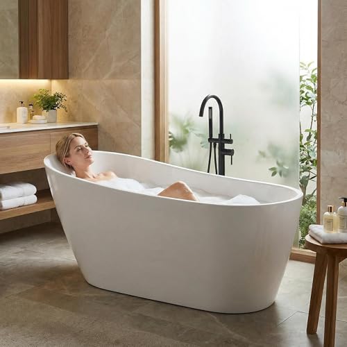 Image of 59 inch Acrylic Freestanding Soaking Bathtub, Free Standing Tub, Stylish Stand Alone Contemporary Soaking Tub with Integrated Overflow and Drain In Chrome, cUPC Certified