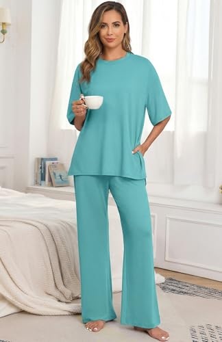 Image of PrinStory Womens Pajamas Sets 2 Piece Lounge Set Short Sleeve Tops and Long Pants Soft Pjs Loungewear with Pockets