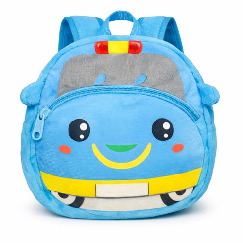 Mini Mochila Infantil de Bichinhos em Poliéster Tipo Pelúcia 2 Bolsos, Alça Regulável, Leve e Resistente para Escola, Passeio e Dia a Dia Estampa de Animais. (Carrinho)