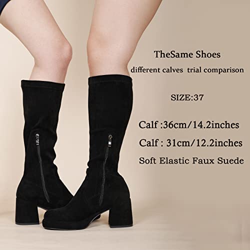 Image of LanreyTaley Elastic Women Knee High Boots Platform Chunky Heel Tall Boots Suede Dress Boots Side Zipper Stretch Boots Fall