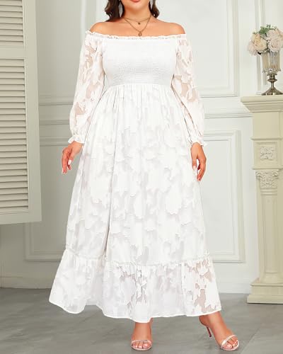 Image of Plus Size Summer Dresses Sun - Maxi Boho Casual Off Shoulder Floral Lace Long Dress with Pockets