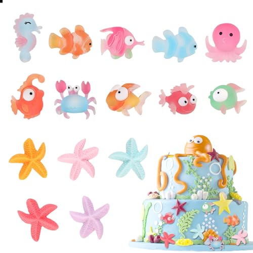 NATOSU 15 peças de animais marinhos decoração em miniatura para bolos, acessórios de resina para temas de praia, peixes tropicais, perfeitos para festas de aniversário temáticas de praia