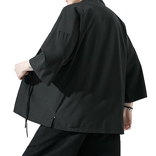 Image of Mens Kimono Cardigan Cotton Linen Japanese Shirt 3 /4 Sleeve Haori Yukata | Skin-Friendly Solid Color Lightweight Shawl Collar Kimono Robe Embroidery Button Tie Pockets Happi Coat All Season Daily Wear