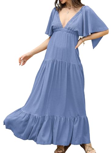 Image of Kikibell Women Summer Dresses Sexy V-Neck Maxi Dress Tiered Silhouette with Flutter Sleeve Backless Elastic Waist Flowy Dress