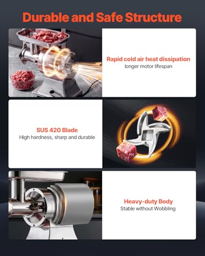 Image of VEVOR Meat Grinder, 552 LB /H Capacity, #12 Electric Meat Mincer with 2 Plates, 3 Sausage Stuffing Tubes & Kibbe Kit, 750W /1HP Sausage Maker for Home Kitchens & Restaurants, ETL Listed