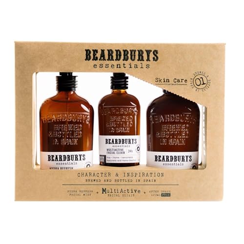 Beardburys Essentials Skincare | Pack Rutina Facial para Hombre. Kit de Crema Hidratante Rostro + Bruma Facial+ After Shave Barba. Cosmética con Ácido Hialurónico y Lúpulo.
