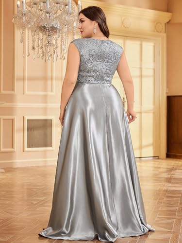 Image of Plus Size Satin Mother of the Bride Formal Gown for Wedding Sleeveless V-Neck Evening Dress