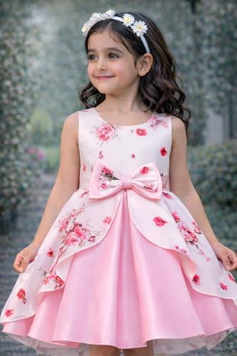 Image of Buy & Try Girl's Satin Floral Printed Frock Knee Length Short Frocks Dress.