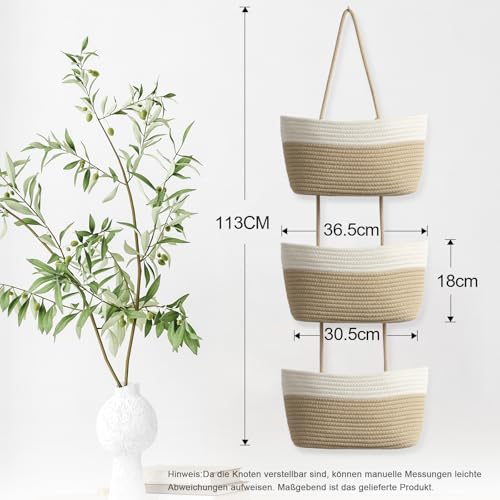 TeoKJ Hängekorb für die Tür, 3-stöckig, gewebte Baumwolle, Wandmontage, Organizer, Tasche, dekorative hängende Küchenkörbe – Weiß + Jute