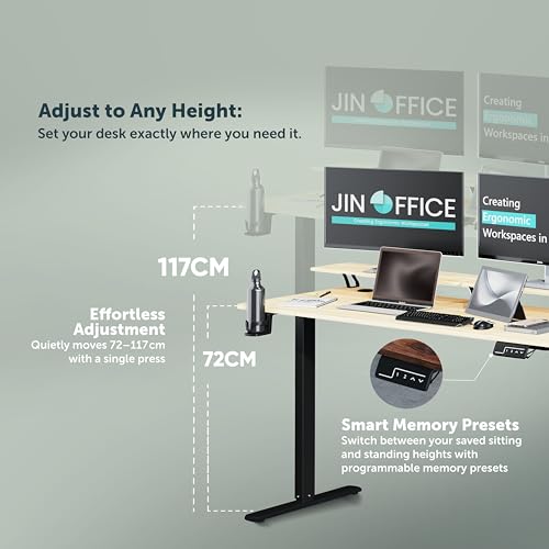 Image of JIN OFFICE Ascend Electric Height Adjustable Desk with Monitor Riser| Standing Desk with Cup Holder | 3 Year Warranty,80 KG Wt. Cap, Memory Presets| Sit Stand Ergonomic Desk 1400 * 600mm Maple Top