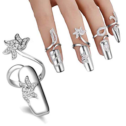 4 Pcs Rhinestone Finger Tip Nail Ring Adjustable Opening Nail Art Charms Accessories Silver Women's Fashion Protecting Fingernail #TOP6