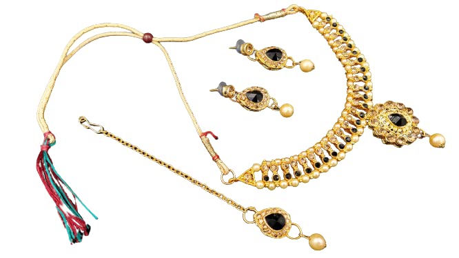NUSO Black Beads & Black Crystal Pendant Necklace Set With two shining Earings and one Sterling Mang Tika attached with a Natural looks Pearl For Women & Girls