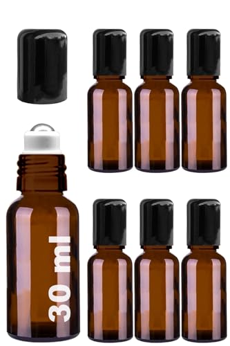30 ml Çelik Roll On Şişesi 30 cc Sızdırmaz Siyah Kapaklı Cam Şişe 6 Adet (Amber, 30)