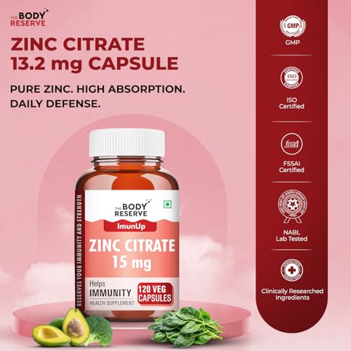Image of The Body Reserve Zinc Citrate - High Absorption Zinc Supplement for women & men | Supports Immunity & Antioxidant Support, 120 Veg Capsules