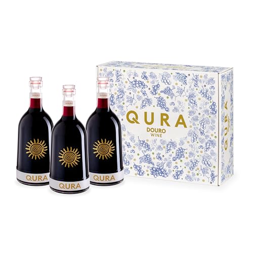 QURA – Vino Tinto DOC Douro Edición Especial | Caja de Vino para Regalo | Pack Vino para Regalar 3 Botellas | Cosecha 2023 | 13,5% vol | Rubí | Jugoso y elegante