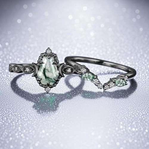 1-4 CT Black Gold Moss Agate Ring Set for Women, 10K 14K 18K Gold/925 sterling Silver Nature Inspired Agate Ring Unique Leaf Bridal Wedding Ring Sets Gift for Bride Wife Mom2