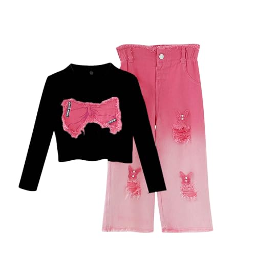Girls Clothing Set, Bow Embroidered Long Sleeve Top and Gradient
